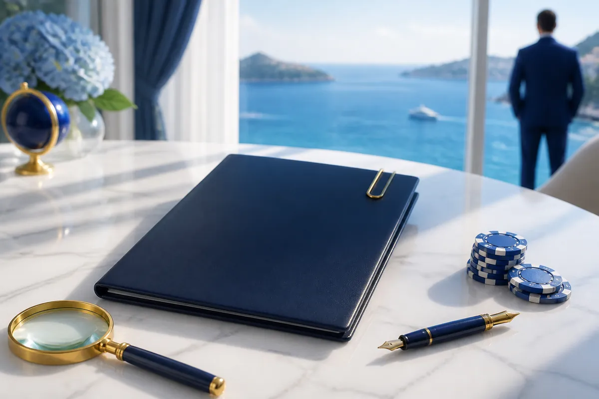 Dossier bleu, loupe, stylo et jetons de casino sur un bureau en marbre face à la mer
