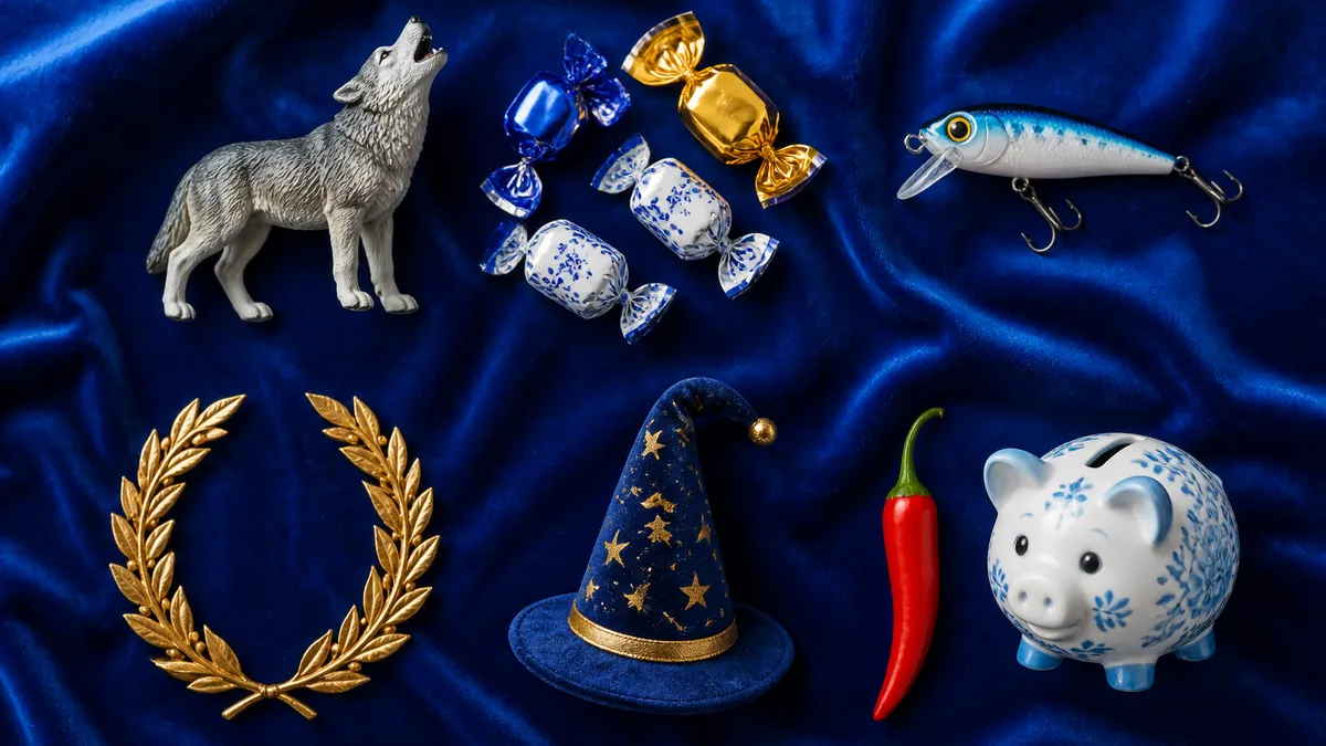 Objets à thème sur velours bleu : loup, bonbons, leurre de pêche, couronne de laurier, chapeau de magicien, piment et tirelire