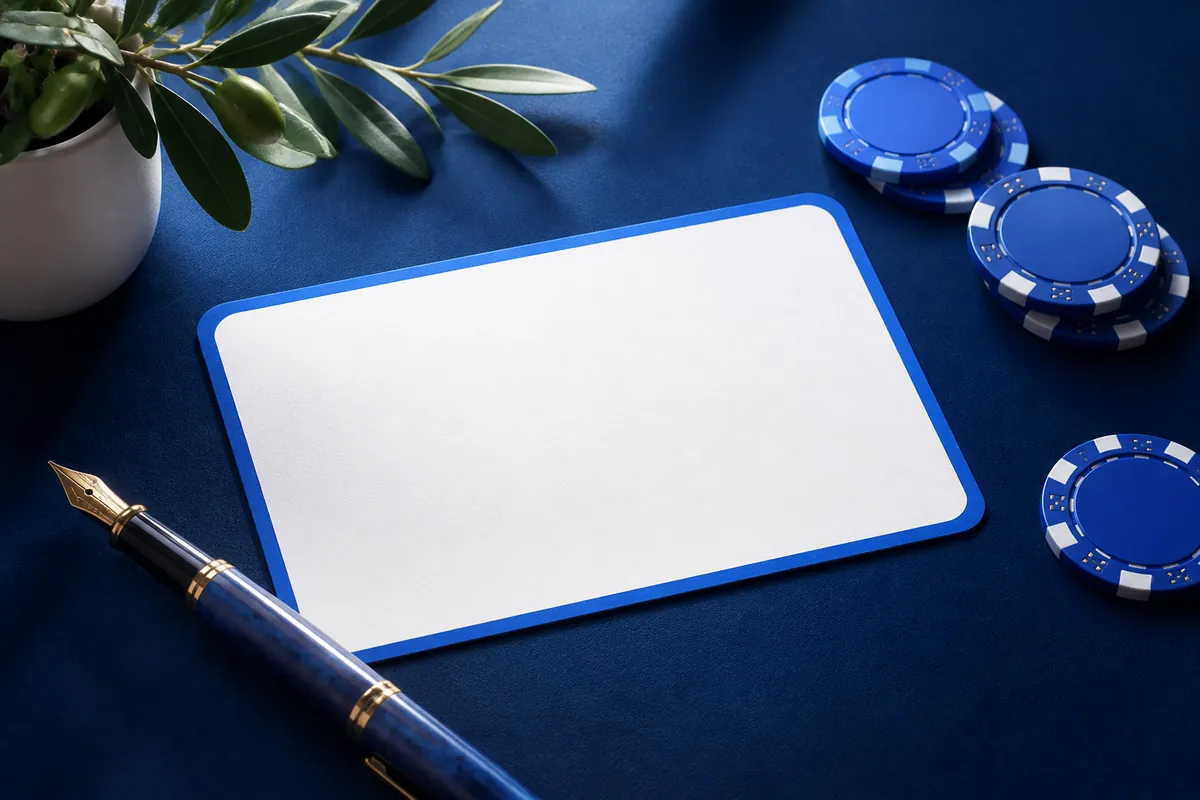 Carte blanche à bord bleu, stylo plume et jetons de casino sur un bureau bleu nuit