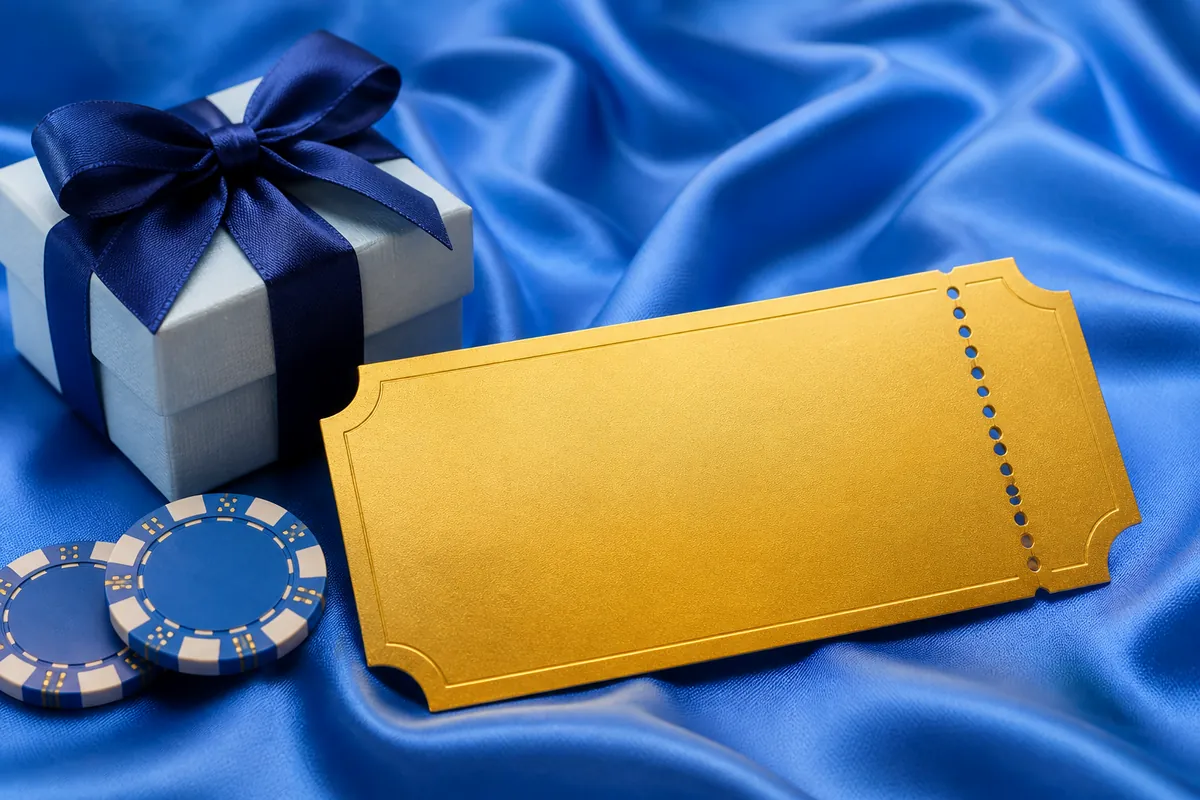 Ticket doré vierge sur soie bleue, avec jetons de casino et coffret cadeau