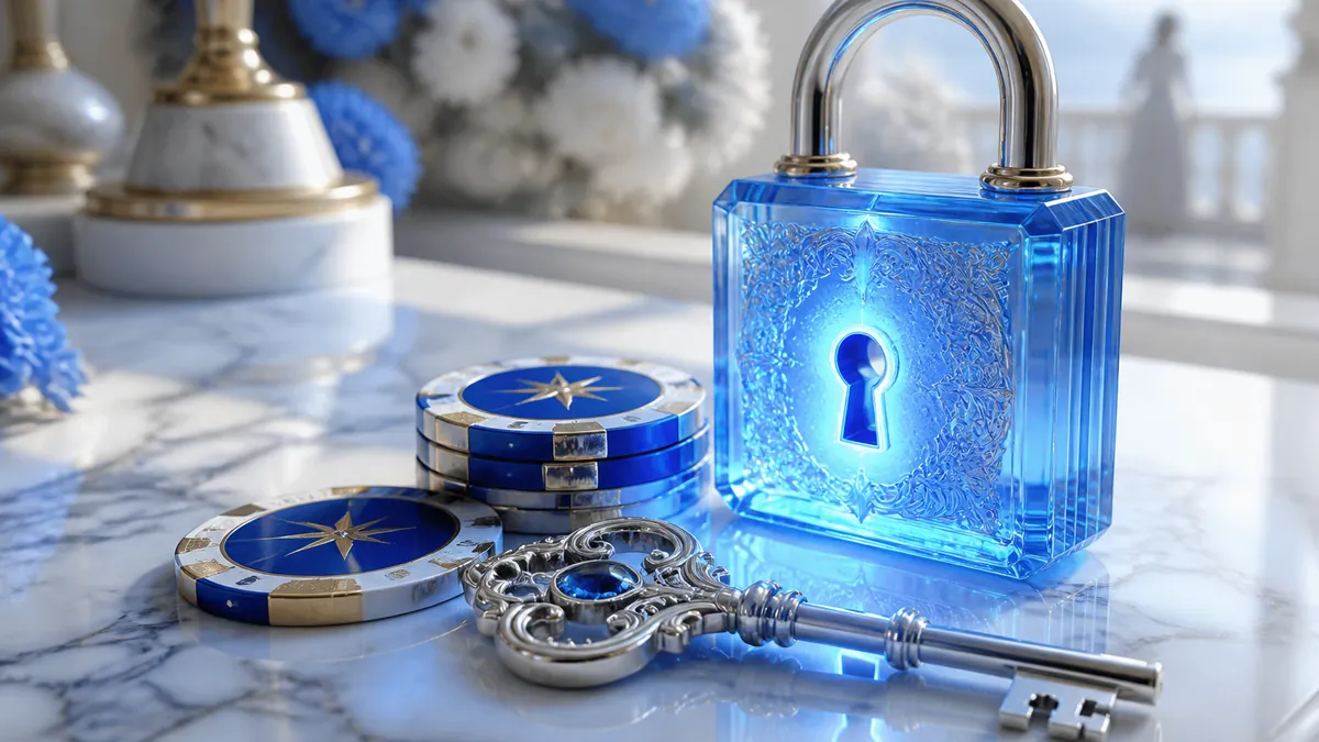 Cadenas bleu lumineux et clé argentée sur un plan de travail en marbre, avec des jetons de casino