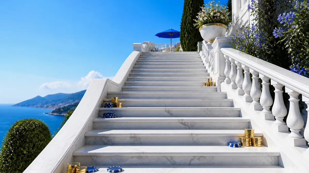Escalier de marbre blanc face à la mer, avec pièces d'or et jetons bleus sur les marches