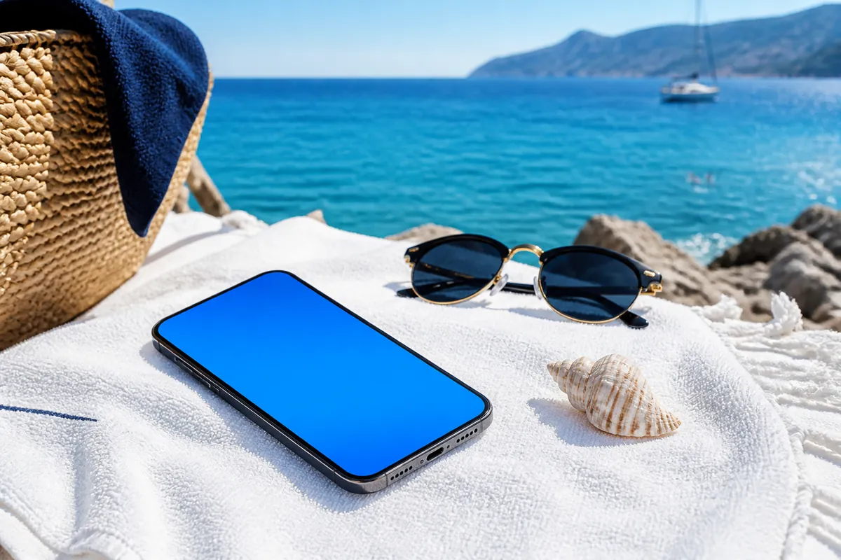 Smartphone à l'écran bleu sur une serviette de plage, avec lunettes de soleil et coquillage, face à la mer