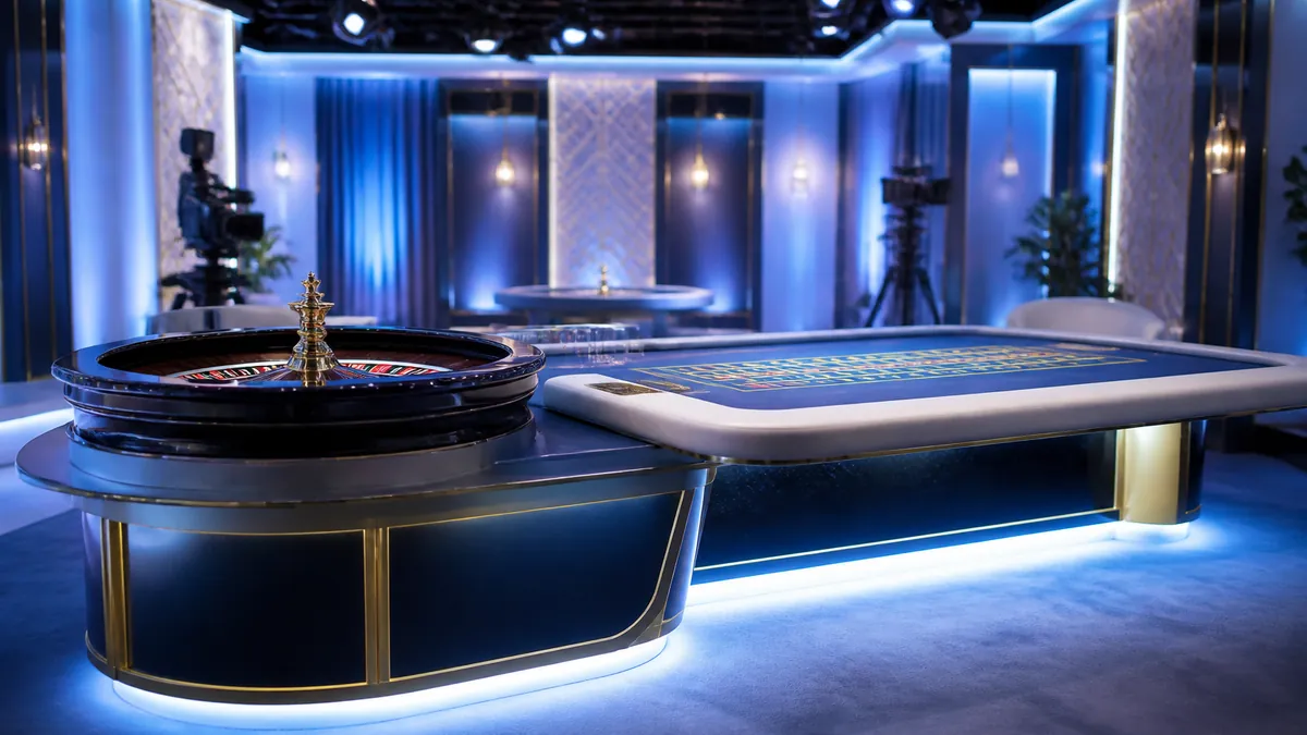 Studio de casino en direct avec roulette et table de jeu sous des lumières bleues