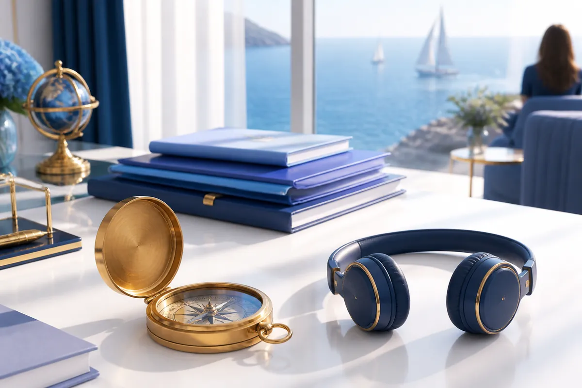 Boussole en laiton, casque audio et dossiers bleus sur un bureau lumineux face à la mer